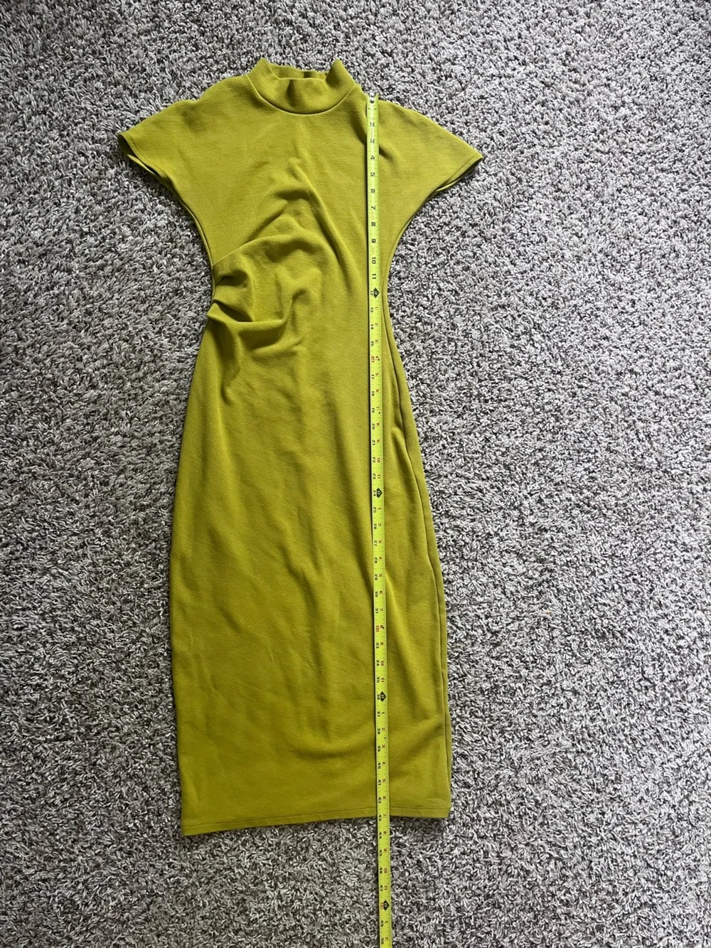 Zara Chartreuse Green Mock Neck Ruched Midi Dress Sm Short Sleeve Stretch Knit - Picture 4 of 9
